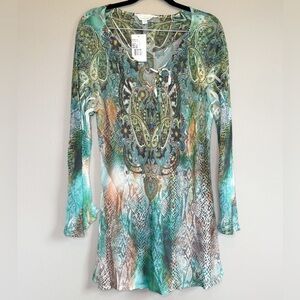 Harlow Zee Saks Fifth Avenue Boho Bohemian Patterned Tunic Mini Dress